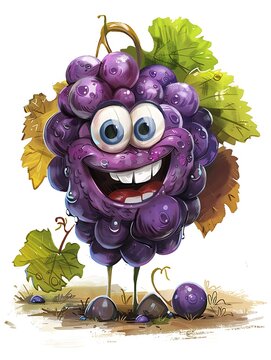 Naklejki Cheerful cartoon grape character with a big smile illustrated in a playful and vibrant photo