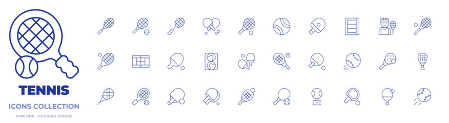 Tennis icons collection. Thin Line icons, editable stroke. ping pong, racket, trophy, tennis, tennis court, tennis racket, tennis ball, squash, paddle, padel