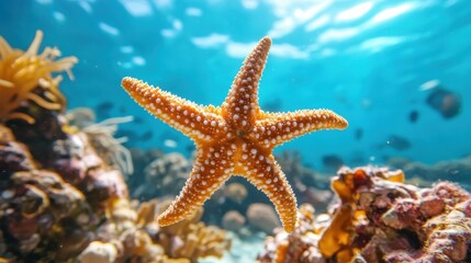 An enchanting view of a vibrant orange starfish swimming gracefully in clear turquoise waters, surrounded by coral reefs teeming with marine life and beauty.