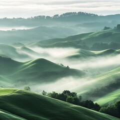 Verdant hills blanketed with ethereal morning mist, softly illuminated landscape