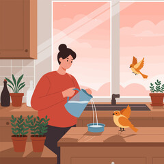 Person Pouring Water for Birds on Kitchen Counter Enjoying Nature