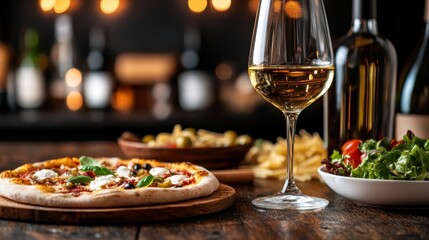 This mouth-watering image showcases a gourmet pizza paired with fine wine and fresh salad, elegantly arranged on a rustic wooden table, embodying culinary artistry and indulgence.
