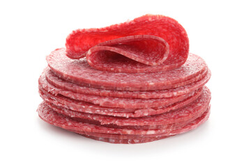 Slices of tasty smoked sausage isolated on white