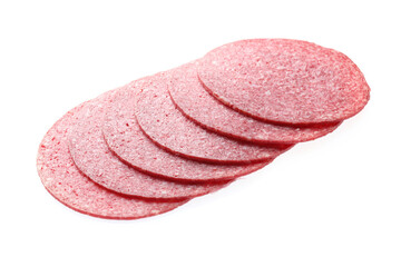 Slices of tasty smoked sausage isolated on white