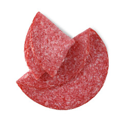 Slices of tasty smoked sausage isolated on white, top view