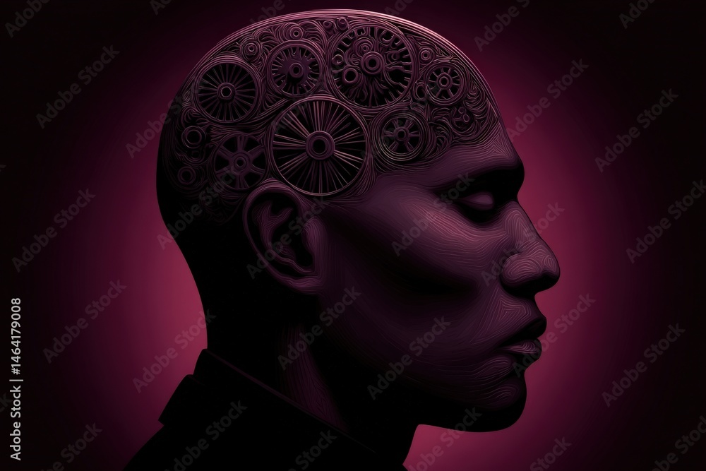 Poster profile view of a thoughtful individual with a mind of gears symbolizing intelligence creativity and