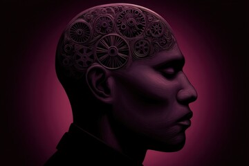 Obraz premium Profile view of a thoughtful individual with a mind of gears symbolizing intelligence creativity and complexity captured against a deep purple backdrop expressing innovative inspiration
