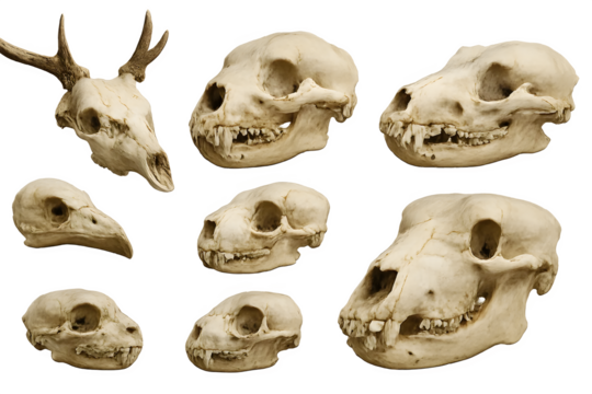 Different animal skulls arranged in a collection, showcasing various shapes and sizes, including a deer skull. Concept Animal Skull Collection, Unique Shapes and Sizes, Deer Skull Showcase