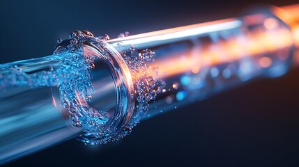 Water flowing through transparent pipe  blue glowing liquid abstract science technology