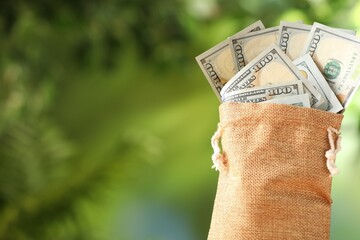 Money bag with dollar banknotes on blurred green background, closeup. Space for text