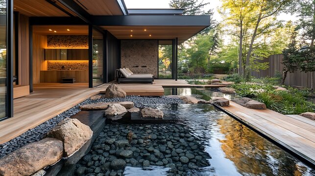 Indoor-Outdoor Seamless Zen Flow connecting a private bathhouse with hot stone walls to a reflective pool and wood walkway Transitional Zen Living Architecture Nature-Integrated Minimal Homes