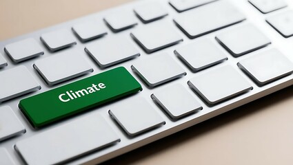 Climate action policy transition concept with a minimalist digital metaphor showing a keyboard featuring a green key labeled "Climate."