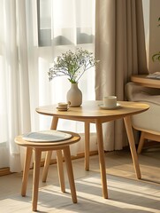 Elegant wooden table and stool setting with a vase of flowers under soft natural light photo