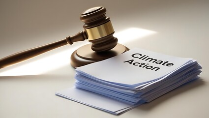 Climate action policy transition concept with a judge's gavel beside a stack of climate action papers under soft lighting and empty space above.