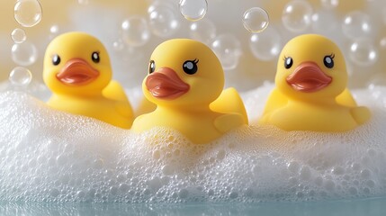 The yellow rubber duck toys floating in white foamy soap bubbles. 2