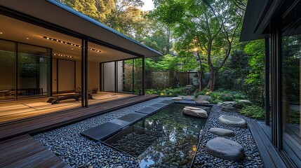 Obraz premium Indoor-Outdoor Seamless Zen Flow designed with folding shoji panels, pebble flooring, and foggy skylight elements Transitional Zen Living Architecture Nature-Integrated Minimal Homes