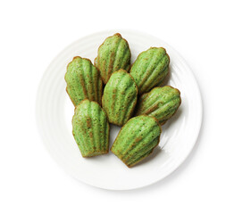 Tasty matcha madeleine cakes isolated on white, top view