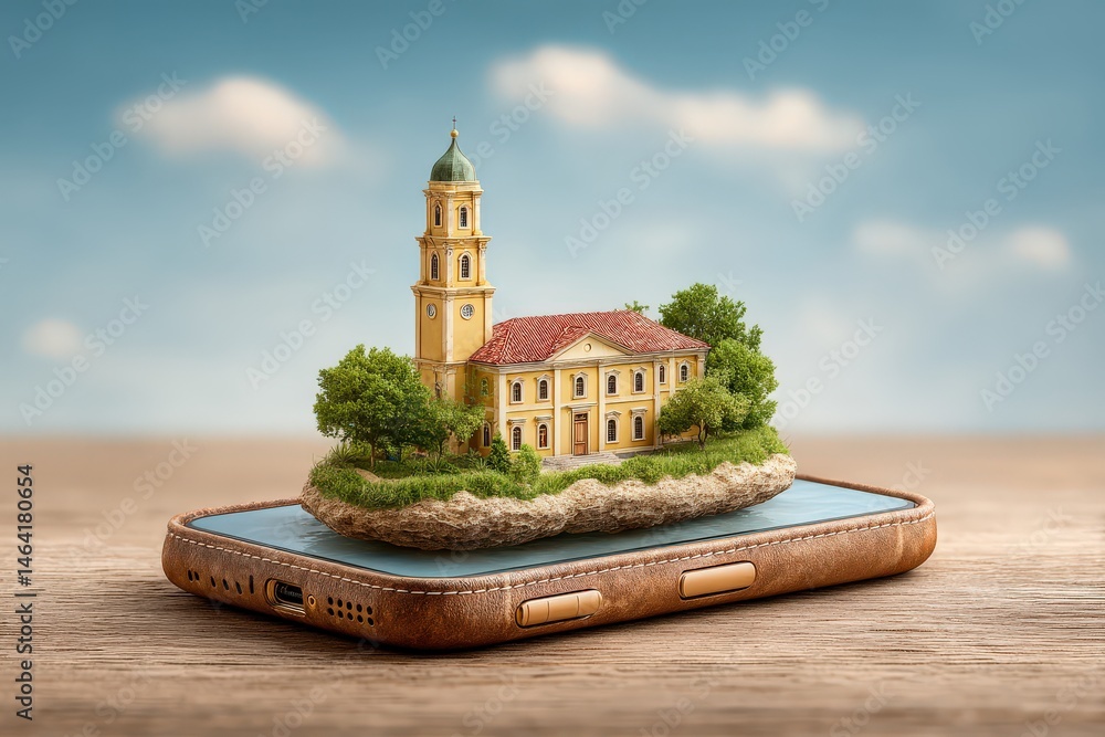 Aufkleber miniature architecture displayed on a smartphone symbolizes modern technology and creativity merging