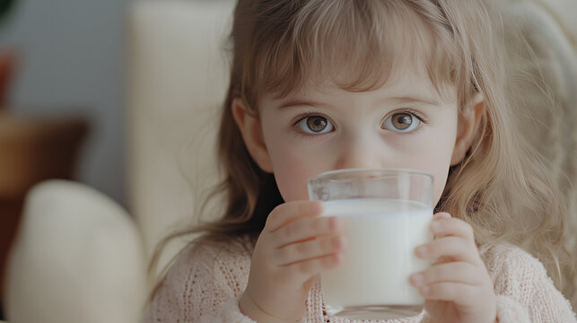 The girl drinks white milk from a transparent glass. Cute baby child with a cup of milk. Products for human health. Healthy food. World milk day. Copy space for text.