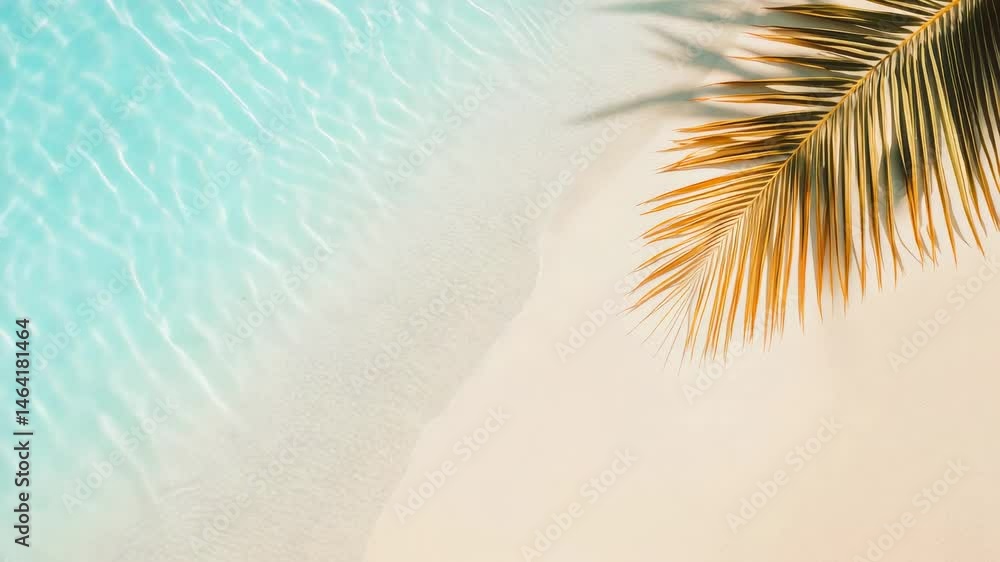 Poster golden palm leaf casting a shadow on a pristine sandy beach with crystal clear turquoise water gentl