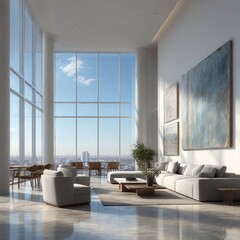 Minimalist luxury penthouse interior with sleek flooring and modern design, perfect for stylish urban living with bright, spacious, and elegant decor.