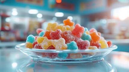A delicious and vibrant assortment of gummy candies in various shapes and colors is displayed in a clear glass dish, evoking a sense of joy and sweetness.
