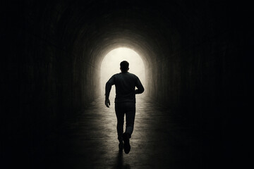 a man running through dark tunnel escaping depression, anxiety concept