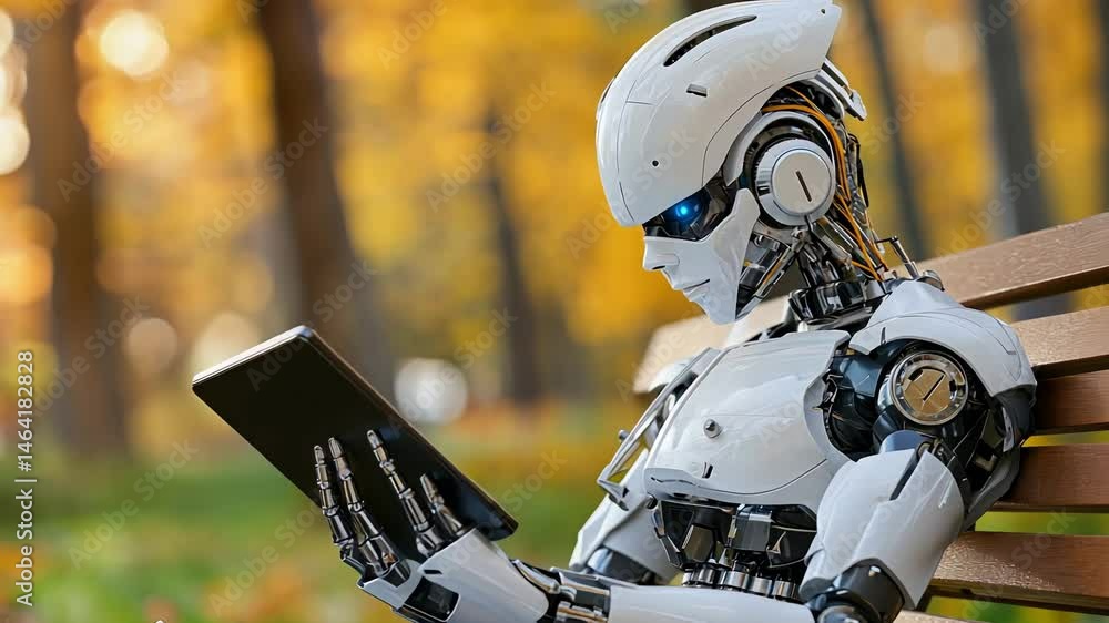 Poster humanoid robot reading tablet in autumn park with futuristic ai design background.