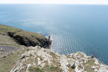 Cormorant point, Trwyn Y Fulfran, sharp nosed landmark pointing out to sea on the coast of Cilan Head, Lleyn Peninsular, Wales, UK.