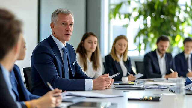 A mature businessman leads a corporate meeting, addressing a group of attentive colleagues seated around a large conference table.  Documents and technology are present