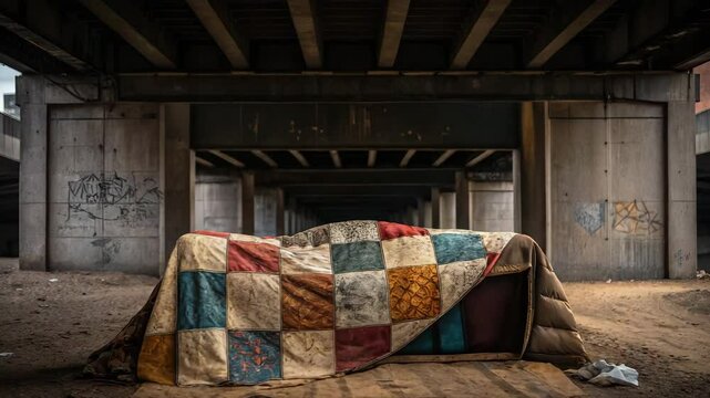 A cozy makeshift shelter created with colorful patchwork blankets for warmth and comfort outdoors.