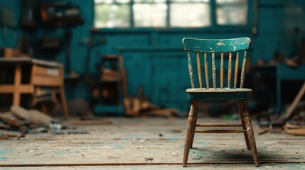 An aged wooden chair sits in the center of a rustic workshop, evoking feelings of nostalgia and forgotten craftsmanship through its worn texture and charm.
