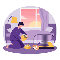 Person Feeding Hamster in Bedroom with Cage and Bed