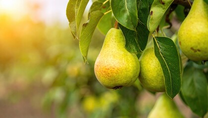 Pear Perfection: Fresh pears hang from a tree, bathed in the warm glow of the morning sun, capturing the essence of a bountiful harvest.