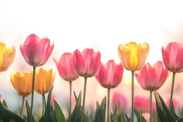 Vibrant pink and yellow tulips blooming in a lush garden, softly illuminated by morning light against a pristine white background.