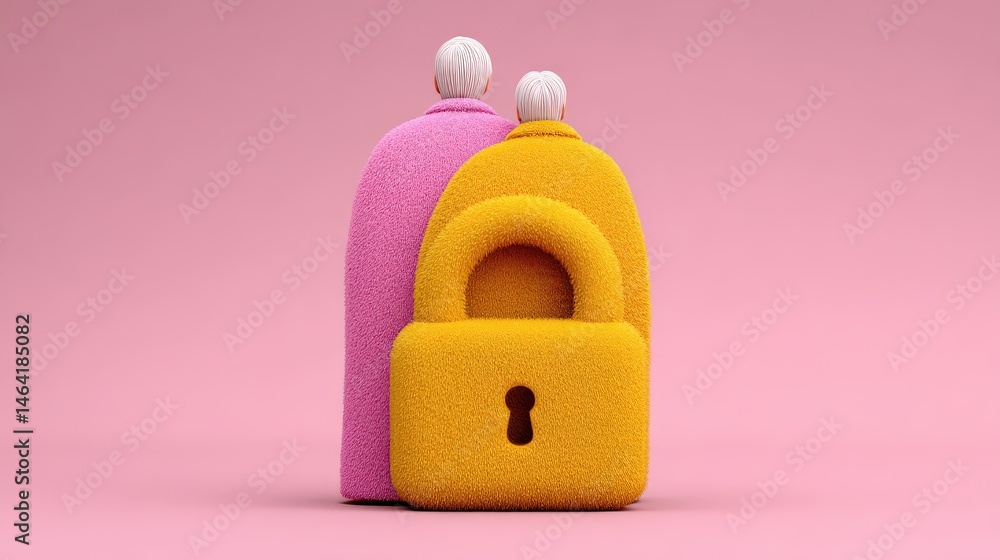 Poster two stylized figures with fluffy textures and vibrant colors resembling a pink and yellow backdrop a
