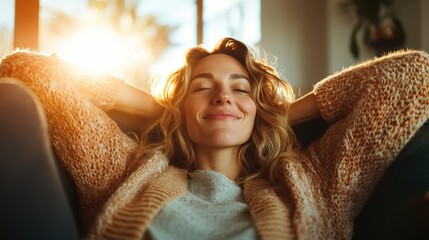 A serene woman, wrapped in a cozy sweater, relaxes on her couch with a sunset glow filling the room, embodying peace and contentment in a tranquil setting.
