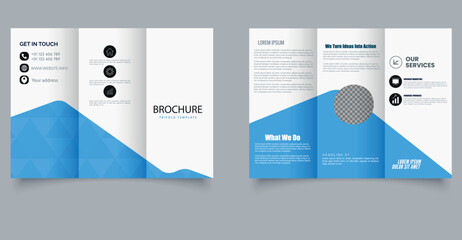 Blue Modern Corporate Trifold Brochure Template with Geometric Design. Ideal for marketing agencies, corporate presentations, and business services.