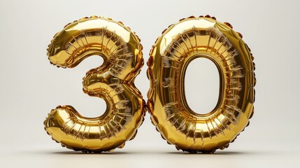 Golden "30" number balloons on clean background, celebratory