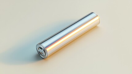 A glossy silver AA battery mockup with metallic highlights on a light cream background 