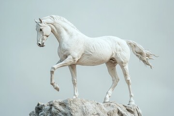 Elegant white horse statue atop a rocky outcrop.