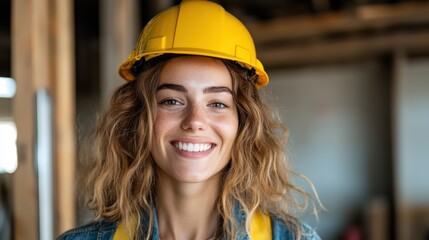 A cheerful woman wearing a yellow hard hat smiles confidently at a construction site, embodying empowerment and strength in a traditionally male-dominated field.