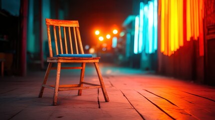 An aged wooden chair placed dramatically against bright neon lights, capturing a contrast between rustic charm and lively urban nightlife in an inviting atmosphere.