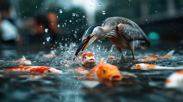 A graceful heron keenly hunts koi fish in a serene pond, capturing the essence of nature’s cycle between predator and prey in a beautiful and peaceful setting.