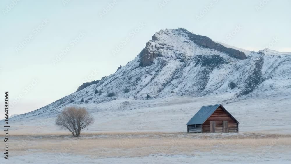 Poster winter landscape featuring a weathered wooden barn in a snow dusted field. with a majestic snow capp