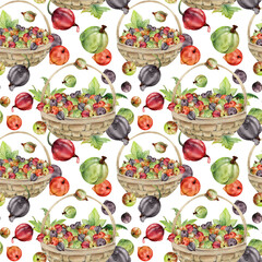 Currant gooseberry in clusters, leaves in weaved basket, ripe picked berry harvest, casseille jostaberry. Isolated seamless pattern, hand drawn in watercolor. Scrapbooking, washi tape, cover design