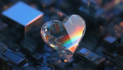 Futuristic metallic rainbow heart celebrating pride urban landscape digital artwork vibrant environment aerial view