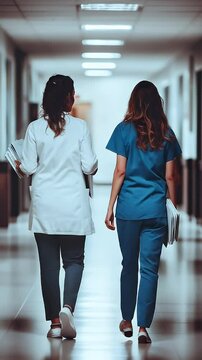 Two medical professionals walk down a hospital corridor, carrying files.  Their backs are to the viewer