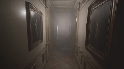 Long hallway, foggy, art