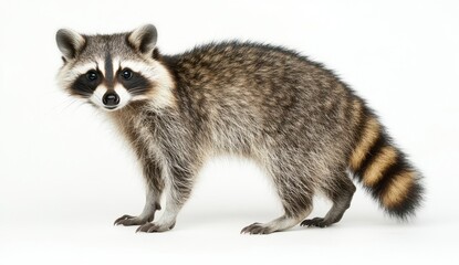 Fototapeta premium Cute Raccoon Standing on White Background with Fluffy Fur Detail